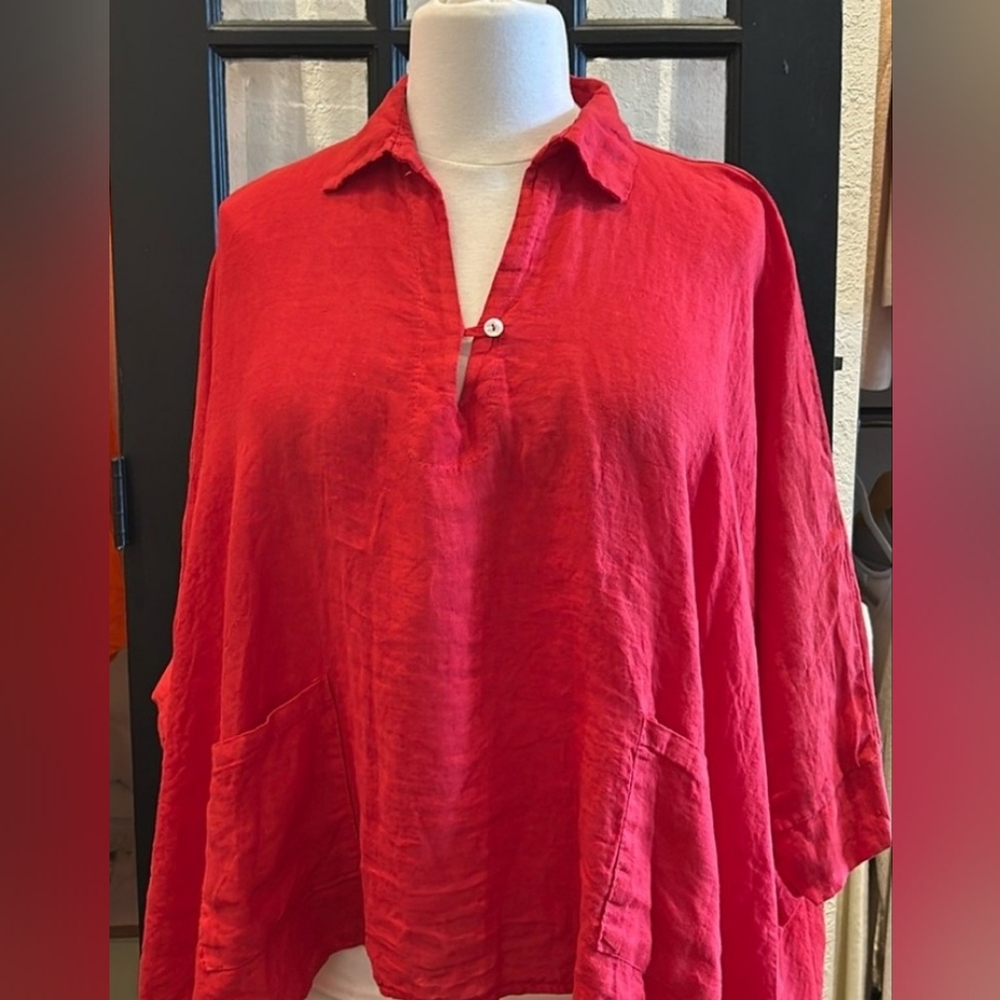 100% Italian Linen Lagenlook Oversized Top Plus Size One Size Red Fits up to 3x